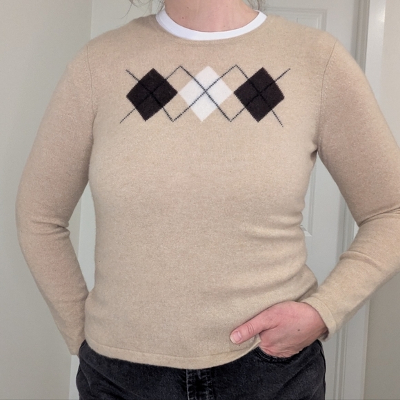 Lands' End Sweaters - Land's End 100% Cashmere Camel Argyle Crewneck Sweater Womens Size Medium